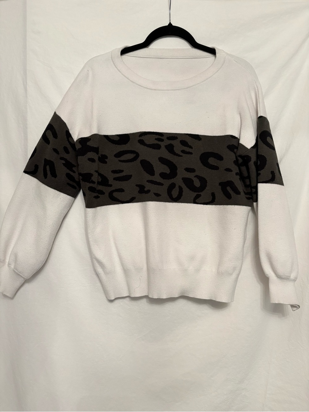 Women's White Crewneck Sweater with Olive Leopard Stripe